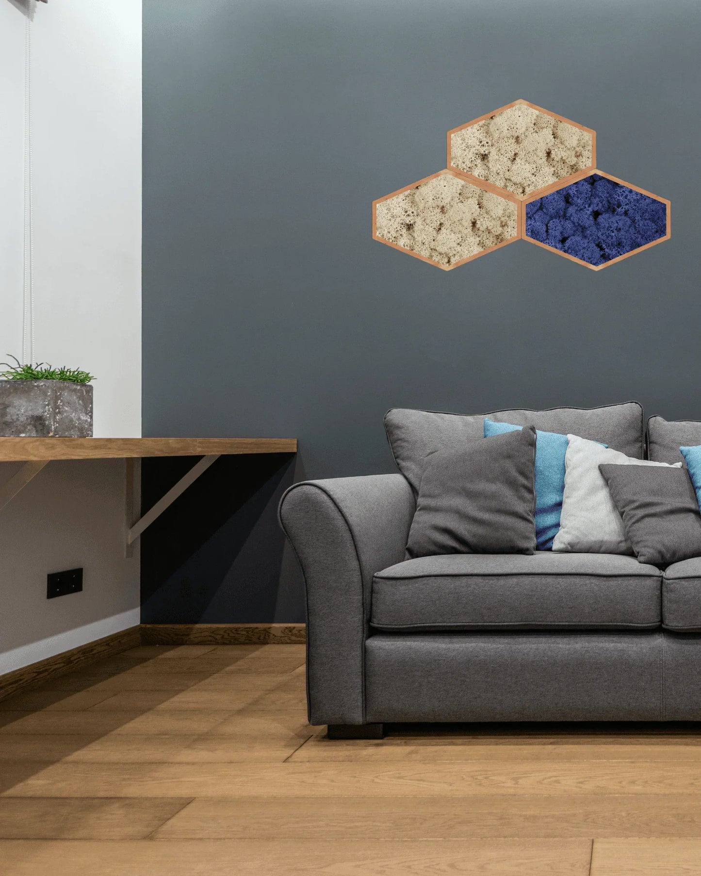 Mosaïque 3 tableaux végétaux stabilisés hexagonaux 50x32 cm Bleu Lichen & CO Tableau végétal