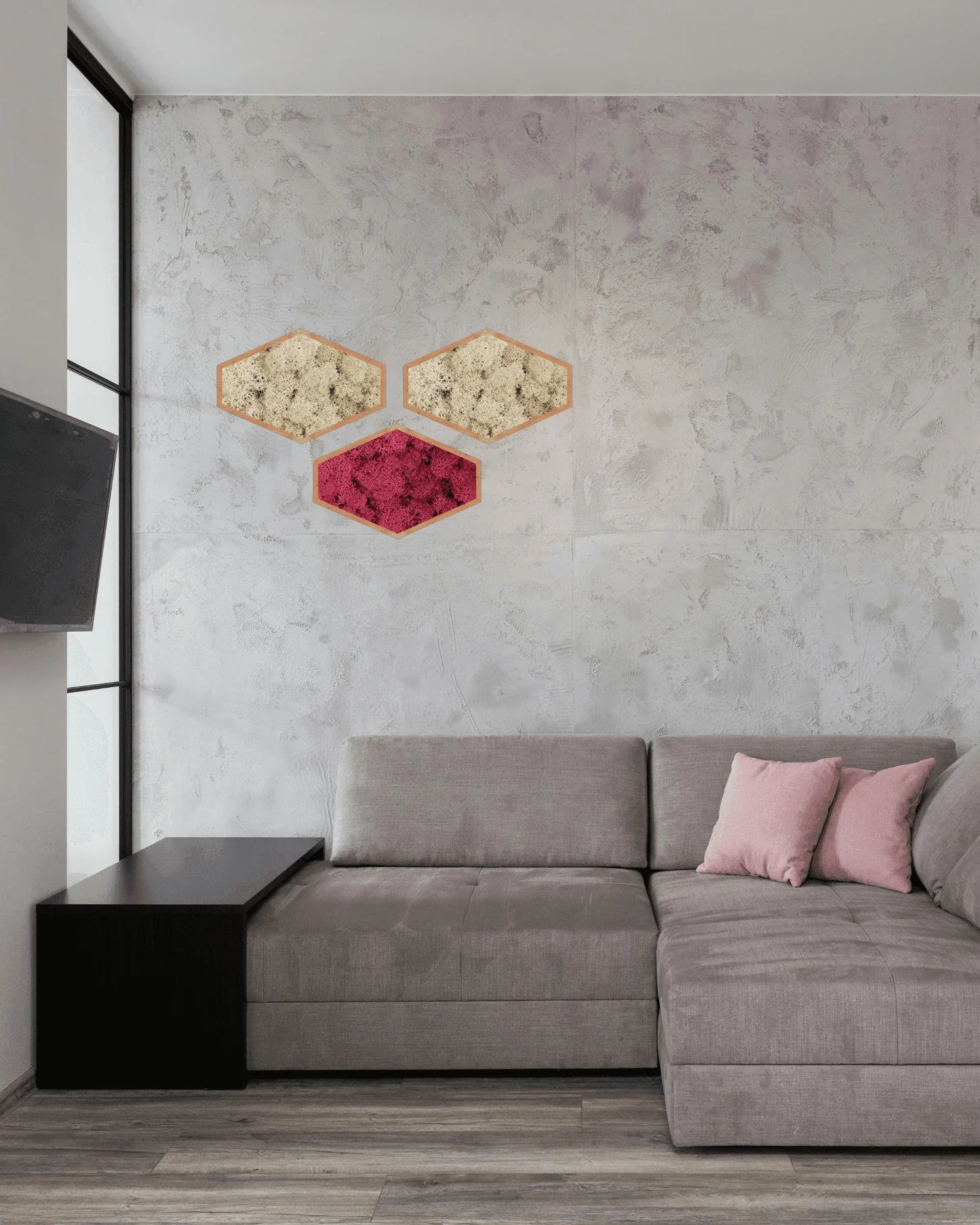 Mosaïque 3 tableaux végétaux stabilisés hexagonaux 50x32 cm Fuchsia Lichen & CO Tableau végétal
