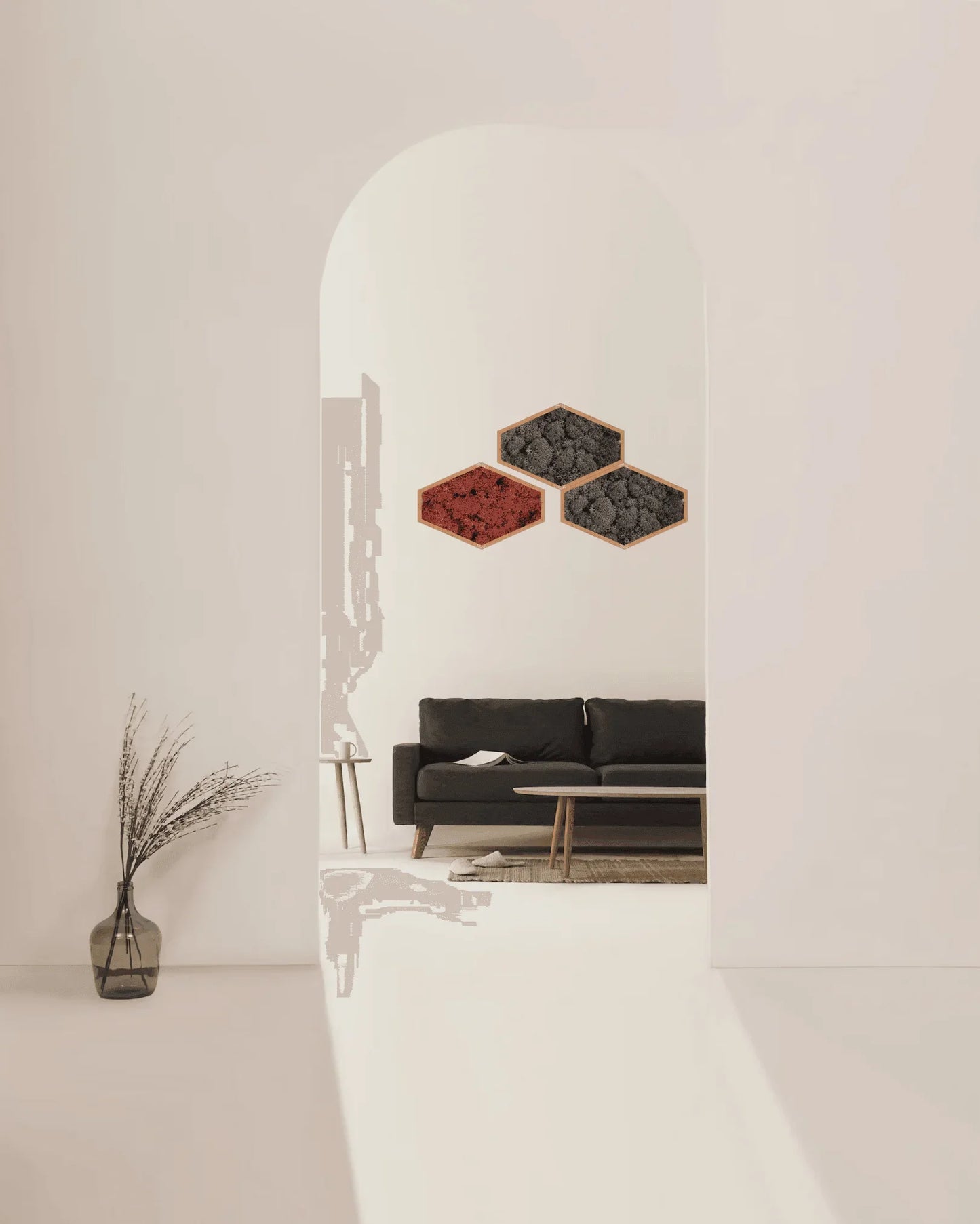 Mosaïque 3 tableaux végétaux stabilisés hexagonaux 50x32 cm Rouge et Noir Lichen & CO Tableau végétal