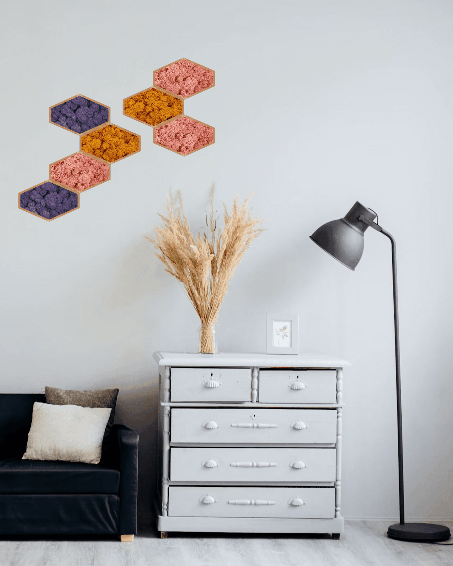 Mosaïque 7 tableaux végétaux stabilisés hexagonaux 25x16 cm Rose orange et violet Lichen & CO Tableau végétal