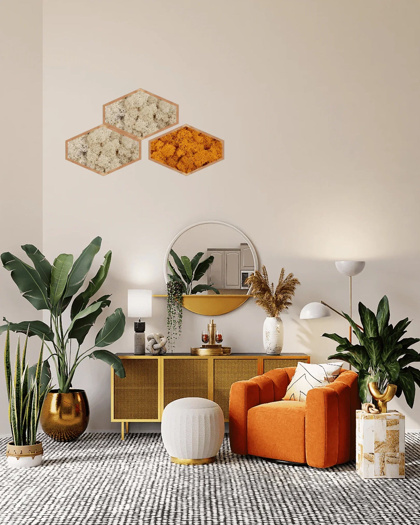 Mosaïque 3 tableaux végétaux stabilisés hexagonaux 50x32 cm Orange Lichen & CO Tableau végétal