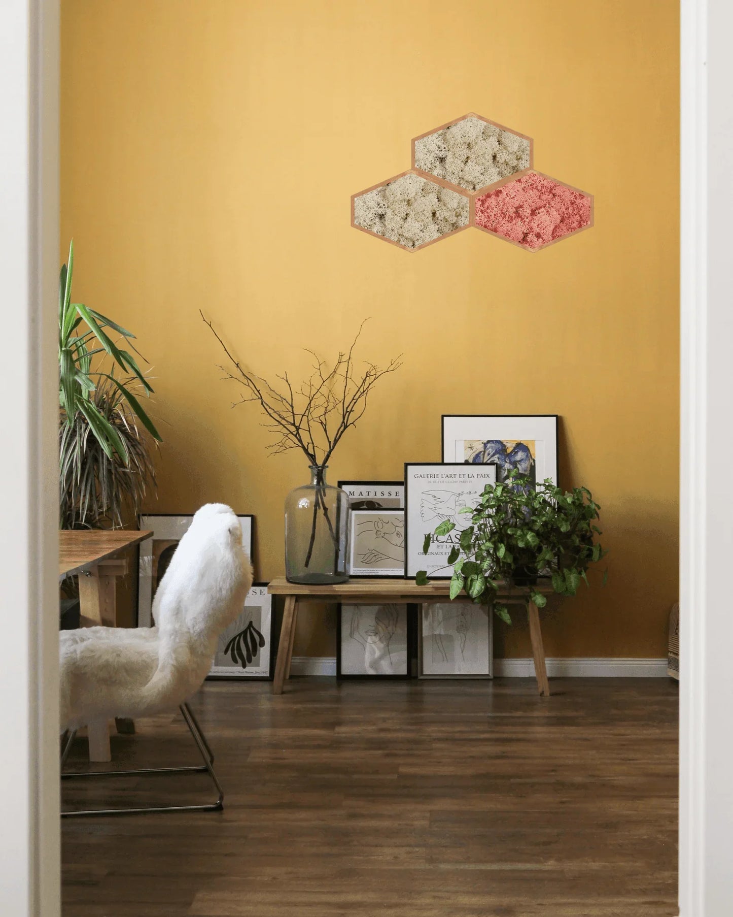 Mosaïque 3 tableaux végétaux stabilisés hexagonaux 50x32 cm Rose Lichen & CO Tableau végétal