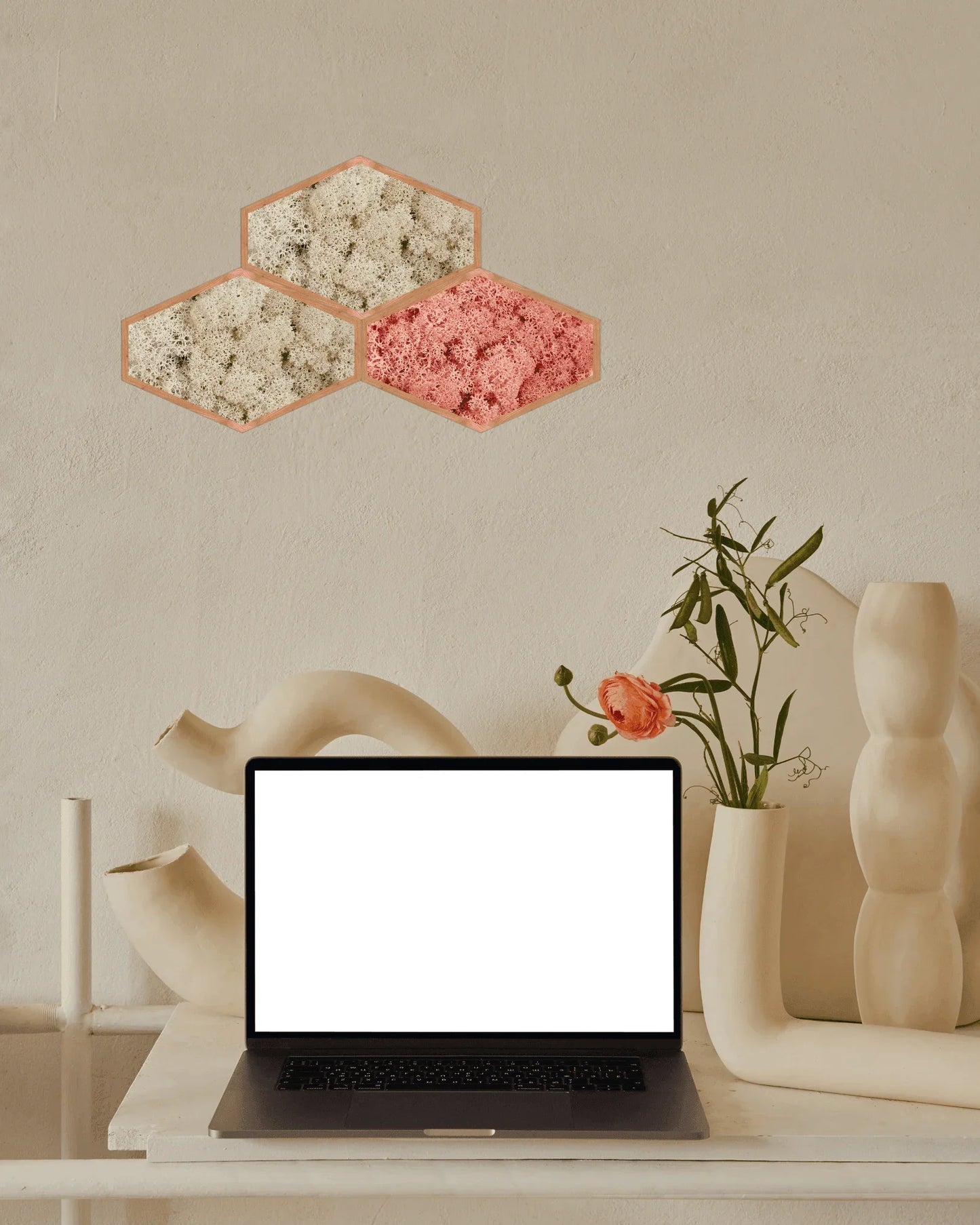 Mosaïque 3 tableaux végétaux stabilisés hexagonaux 25x16 cm Rose Lichen & CO Tableau végétal