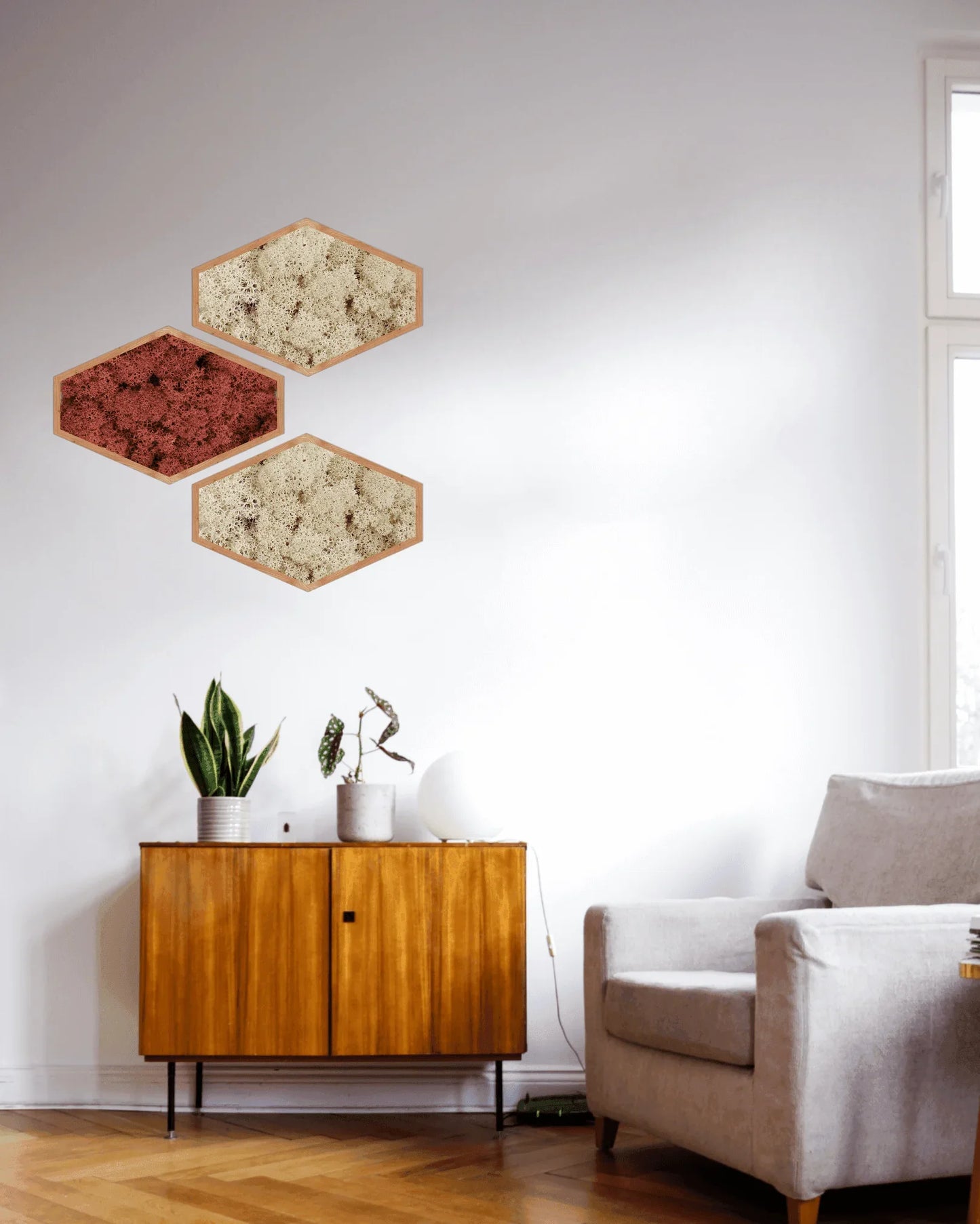 Mosaïque 3 tableaux végétaux stabilisés hexagonaux 50x32 cm Rouge Lichen & CO Tableau végétal