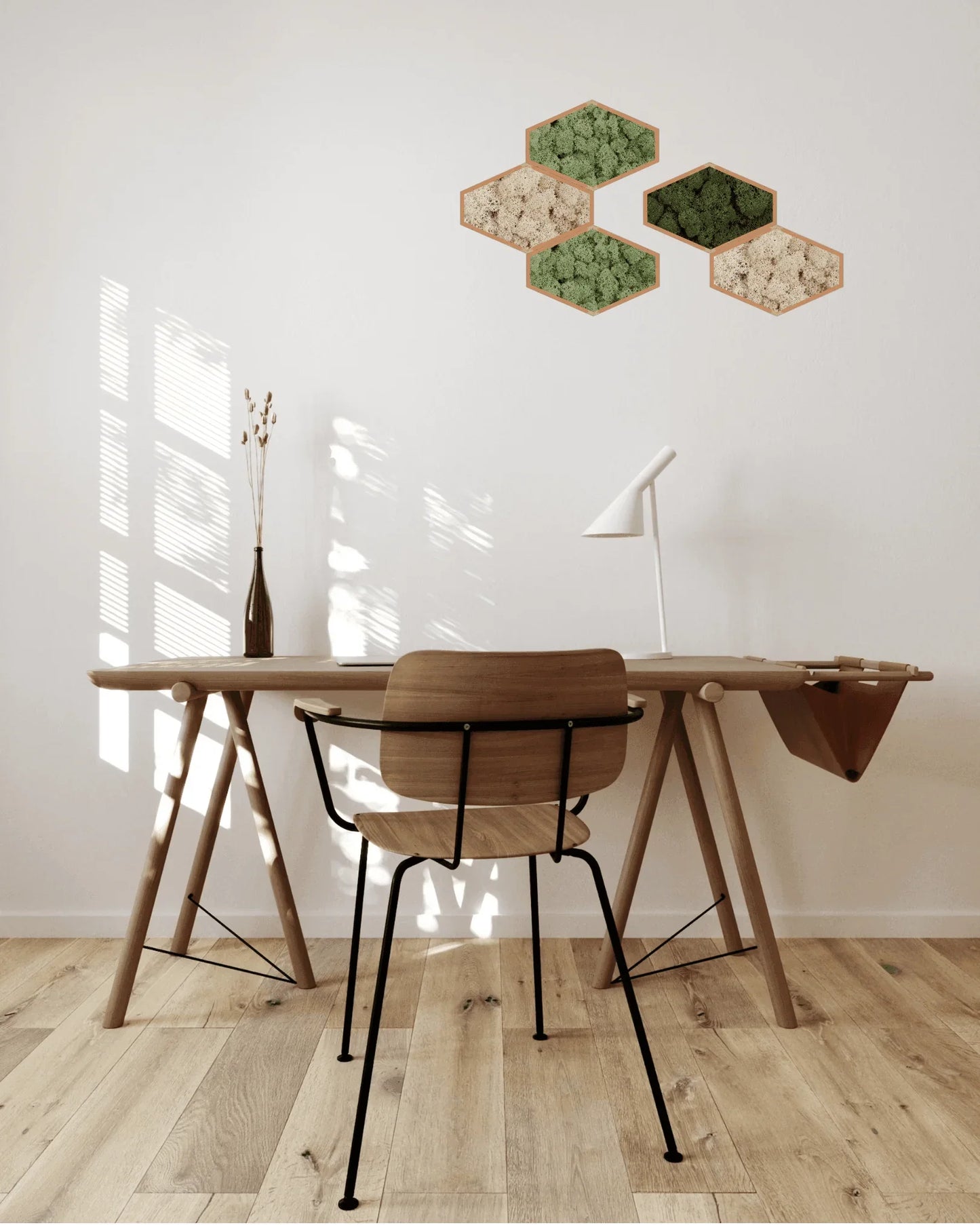 Mosaïque 5 tableaux végétaux stabilisés hexagonaux 25x16 cm Vert forêt et vert olive Lichen & CO Tableau végétal