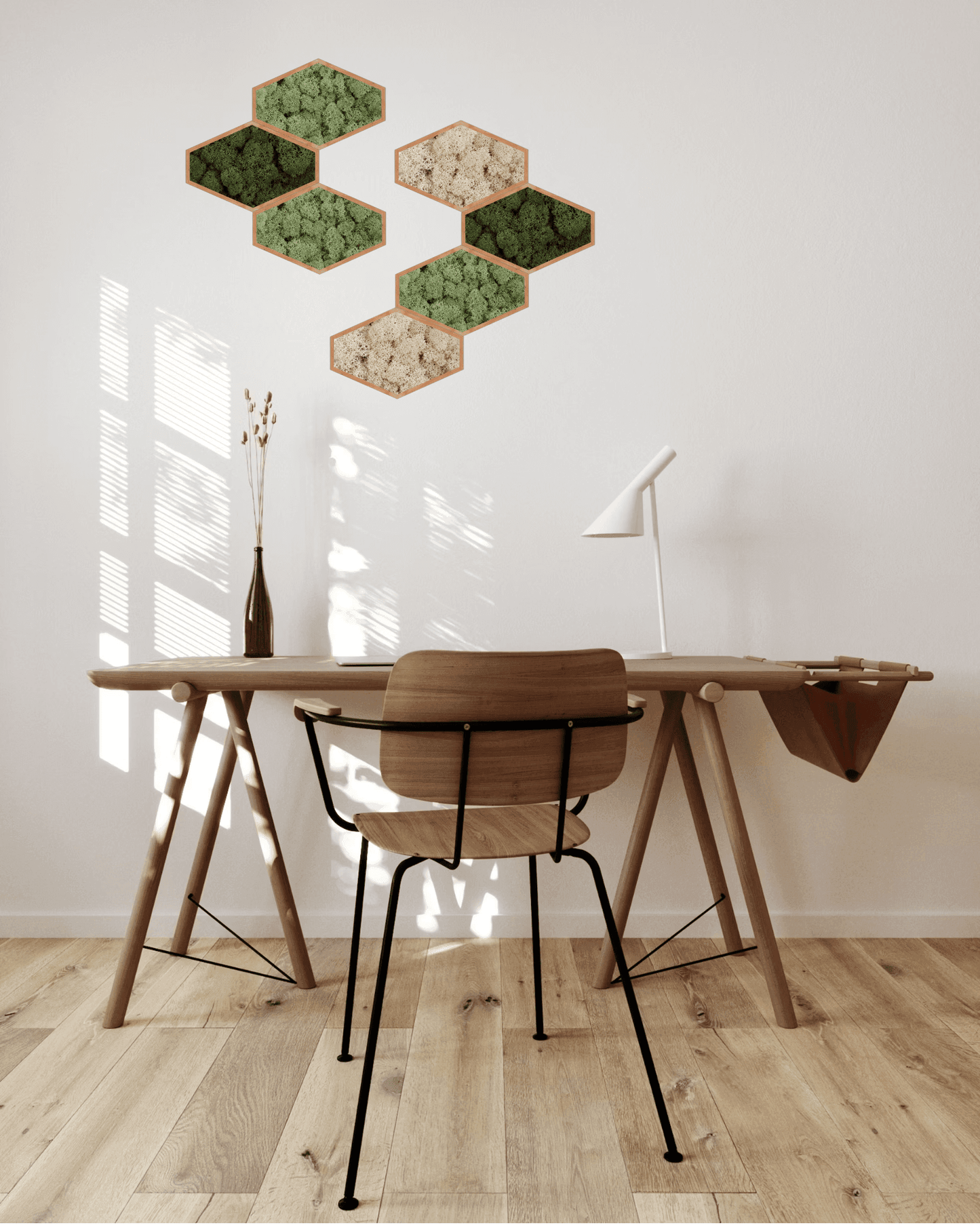 Mosaïque 7 tableaux végétaux stabilisés hexagonaux 25x16 cm Vert forêt et vert olive Lichen & CO Tableau végétal