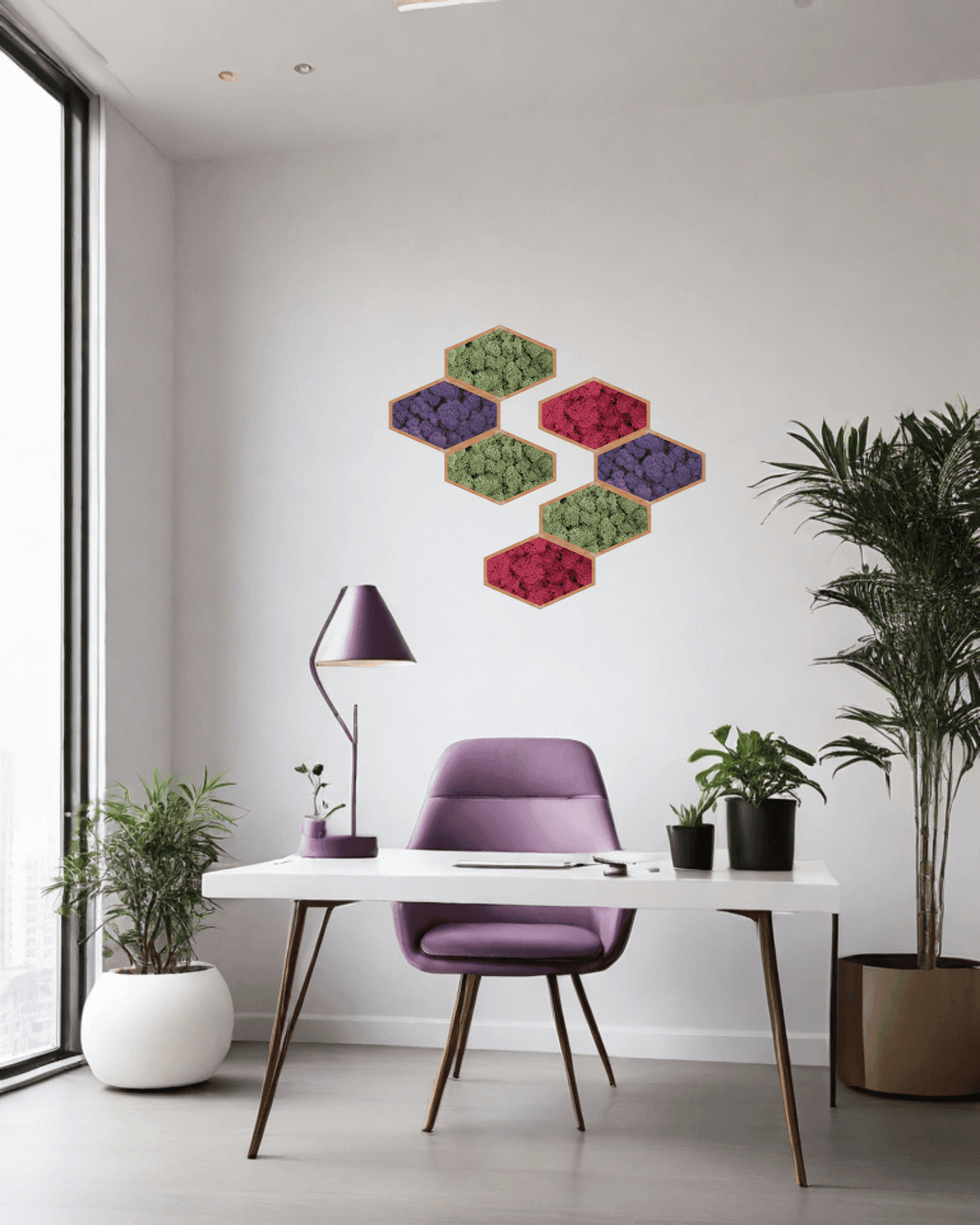 Mosaïque 7 tableaux végétaux stabilisés hexagonaux 25x16 cm Vert olive violet et fushia Lichen & CO Tableau végétal