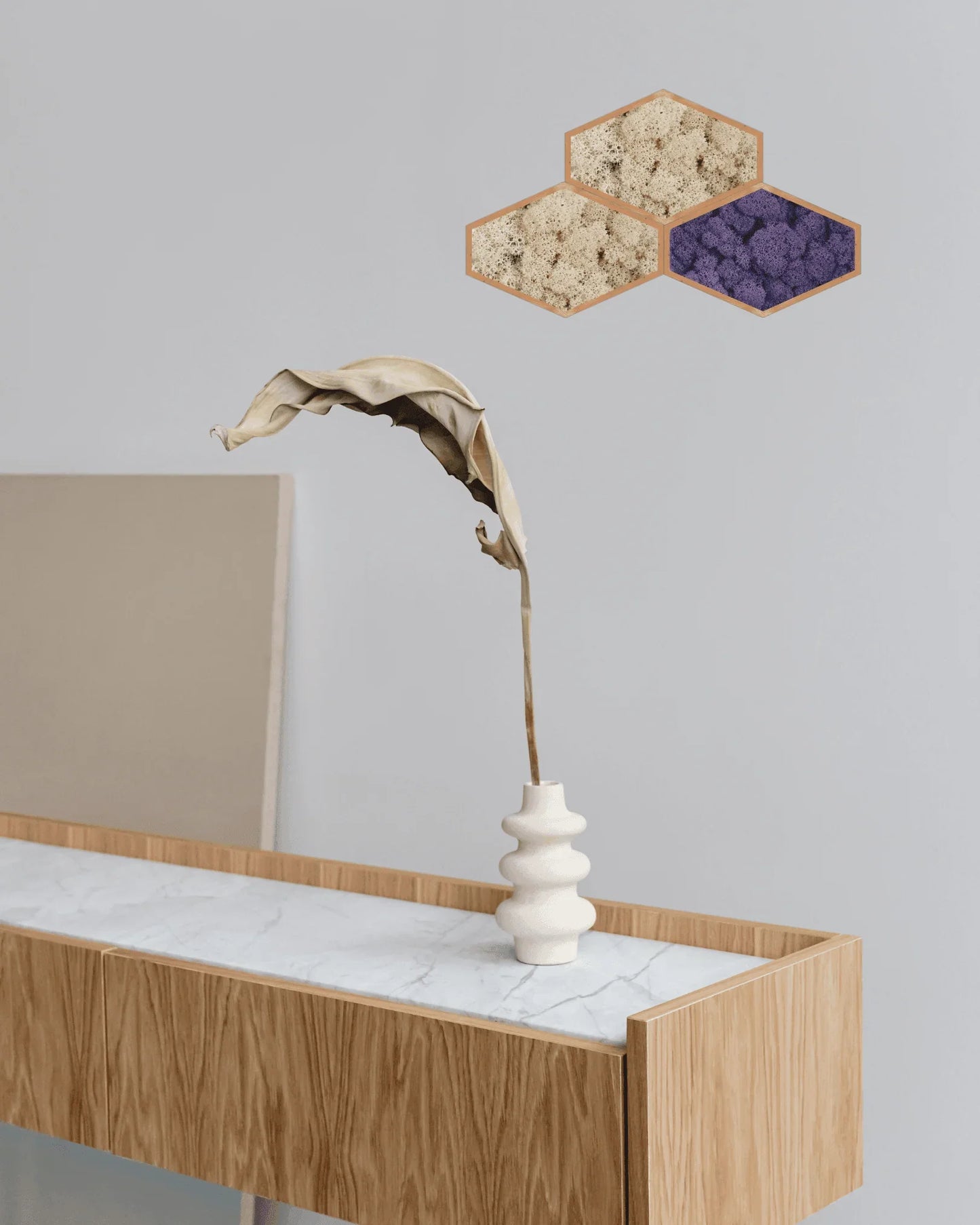 Mosaïque 3 tableaux végétaux stabilisés hexagonaux 25x16 cm Violet Lichen & CO Tableau végétal