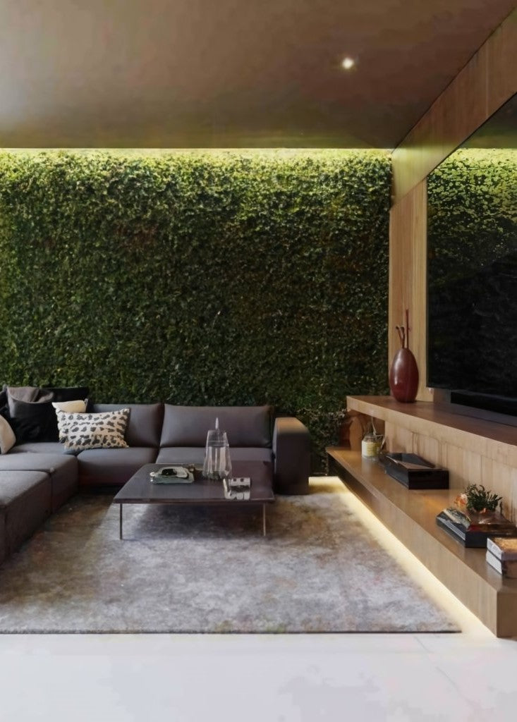 Salon moderne d'une maison avec une télé écran plat, un canapé noir et un mur végétale vert en fond.