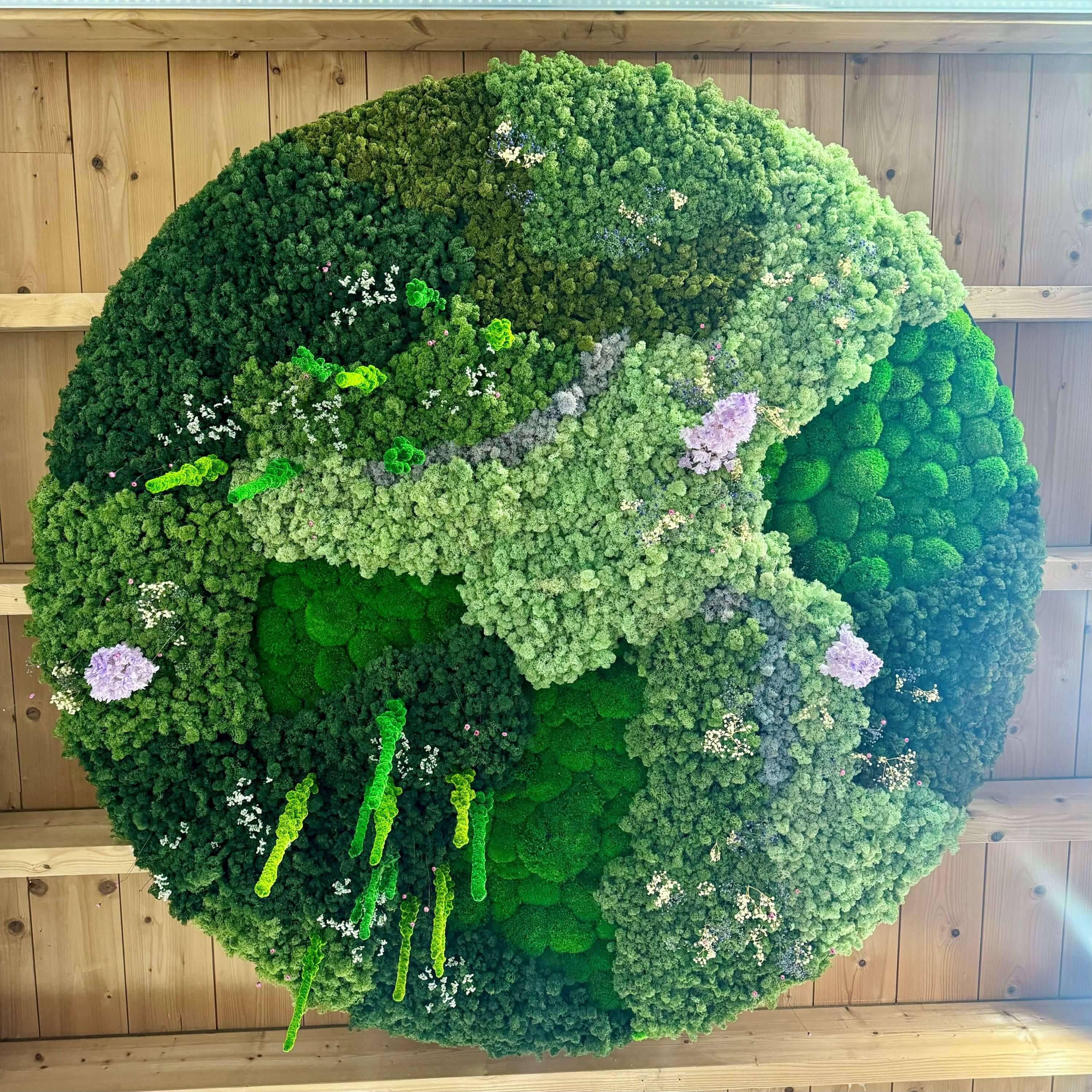 Projet personnalisé, institut de beauté, la baule, décoration florale ronde, au plafond, large de 1m80, avec mousse florale et végétaux stabilisés